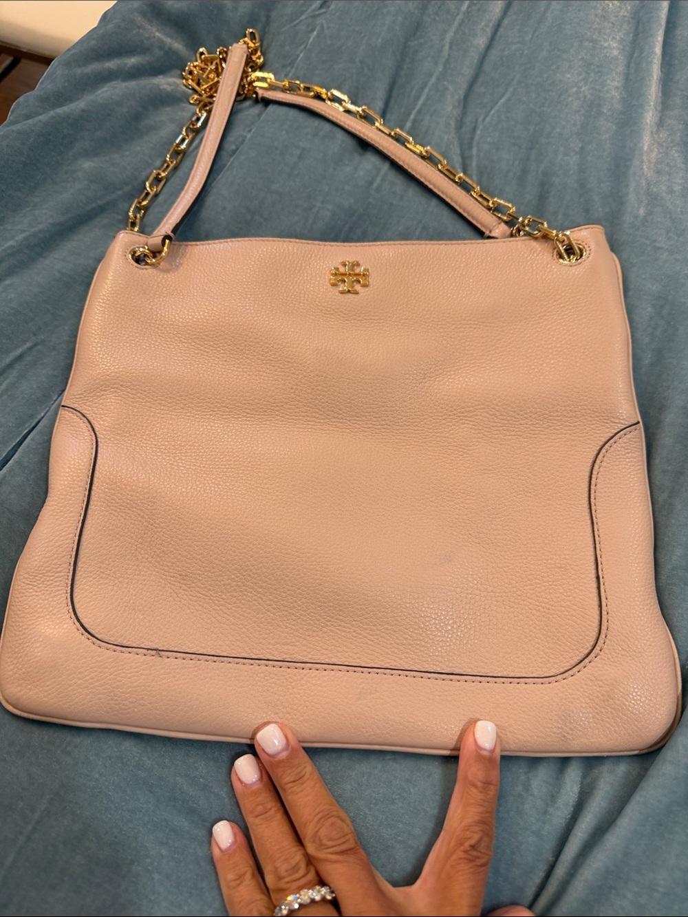 Tory Burch Pale Pink/Crene  Pebbled Leather Shoulder Bag with Gold Chain